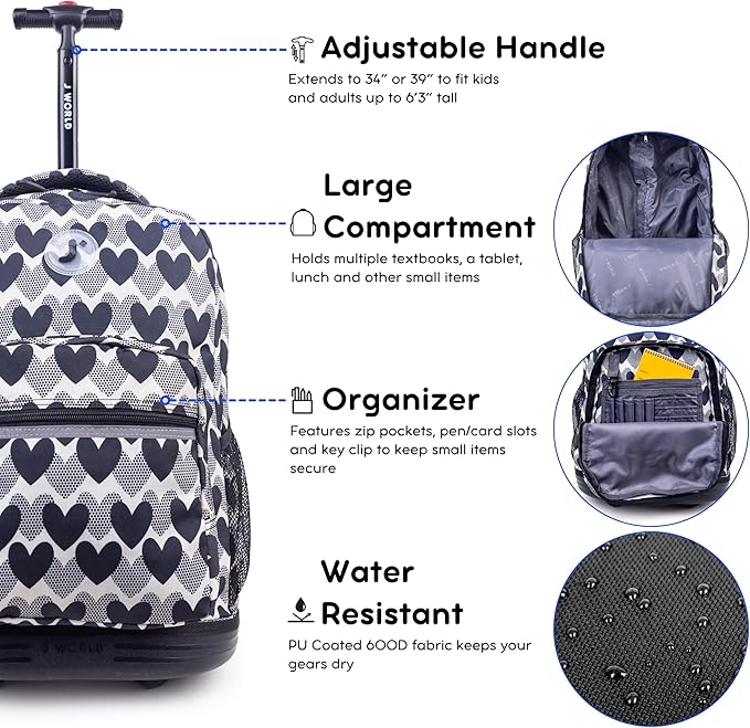 J World Sunrise Rolling Backpack. Roller Bag with Wheels, Heart Dot