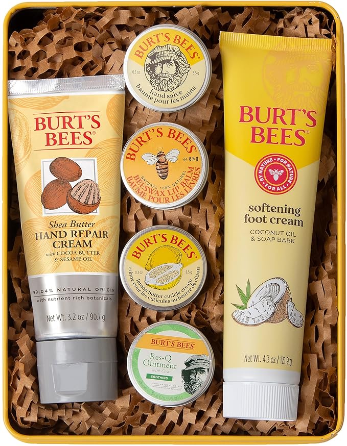 Burt's Bees Mothers Day Gifts Ideas - Classics Set, 6 Products in Giftable Tin – Cuticle Cream, Hand Salve, Lip Balm, Res-Q Ointment, Hand Repair and Foot Cream