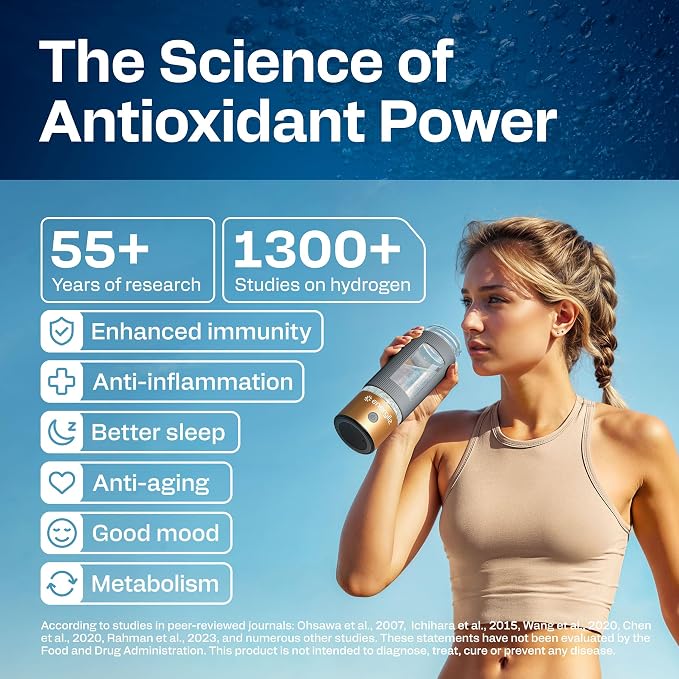 Hydrogen Water Bottle | Large 16.2 oz (480 ml) Hydrogen Water Bottle Generator 3000 ppb | Hydrogenator Machine | SPE/PEM Hydrogenated Ionizer Generator (Golden w/Gray)