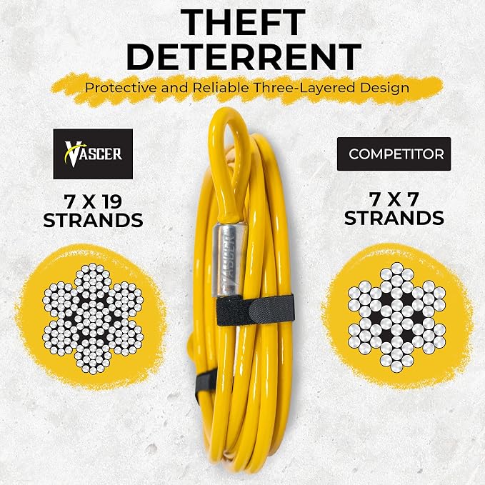 Vascer Commercial Heavy Duty Braided Galvanized Steel Theft Deterrent Security Cable with Looped Ends. (1/2 Inch Thick, 7x19 Construction, 10 Feet)