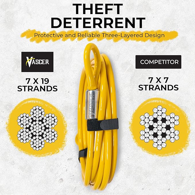 Vascer Commercial Heavy Duty Braided Galvanized Steel Theft Deterrent Security Cable with Looped Ends. (1/2 Inch Thick, 7x19 Construction, 15 Feet)