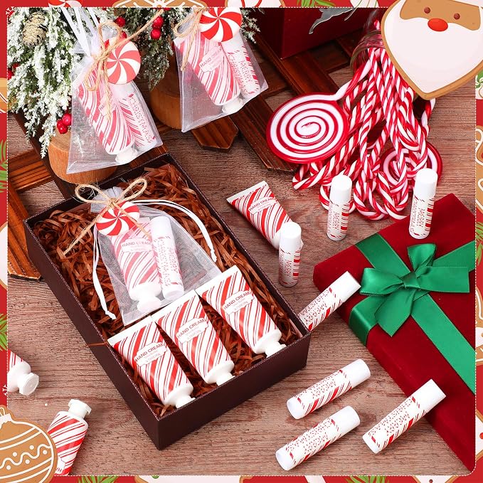 144 Pcs Lip Balm Hand Cream Set Party Favors, Include 36 Lip Balm 36 Moisturizing Hand Cream 36 Bags 36 Cards and Ropes for Accessories Gifts(Red,Christmas)