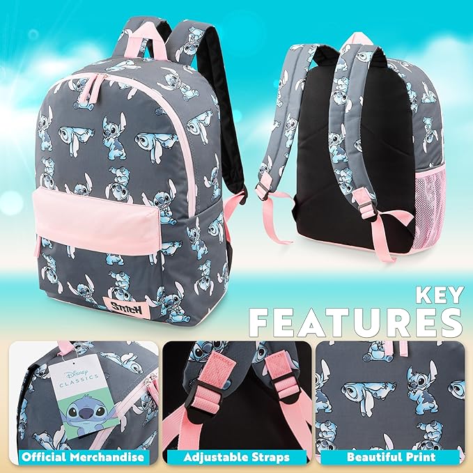 Disney Stitch Backpack for Girls Teens School Bag Kids Book Bag School Supplies Gifts (Navy/Pink)