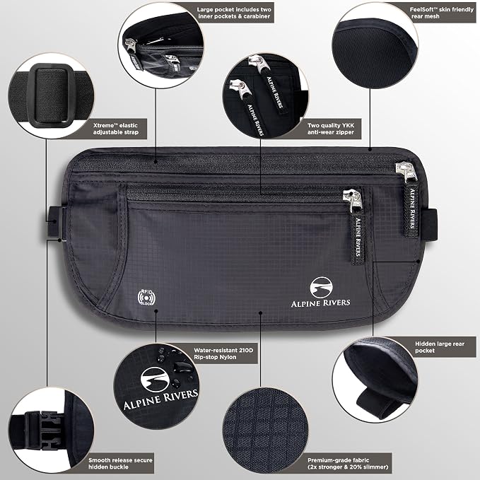 Alpine Rivers RFID Money Belt for Travel - Hidden Waist Pouch Passport Holder with RFID Card Sleeves, Slim and Adjustable Fit for Men and Women