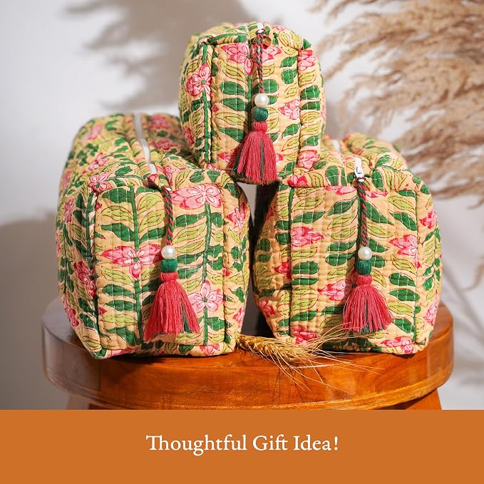 Saffron Marigold Quilted Makeup Bag Set of 3, Hand Block Printed Cotton Cosmetic Bags for Women, Waterproof Lined Travel Toiletry Bag, Coquette Aesthetic, Handmade Gift, Madagascar Prewinkle Butter