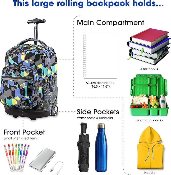 J World Sunrise Kids Rolling Backpack for Girls Boys. Roller Bookbag With Wheels For School, Cubes