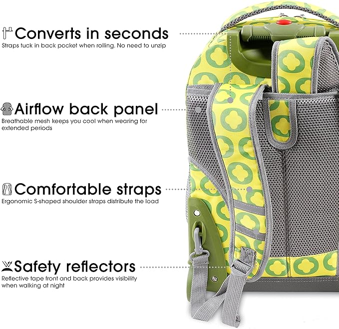 J World Sunrise Kids Rolling Backpack for Girls Boys. Roller Bookbag With Wheels For School, Lime Logo