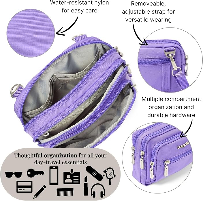 Baggallini Triple Zip Small Crossbody Bag for Women - Lightweight Convertible Fanny Pack Belt Bag