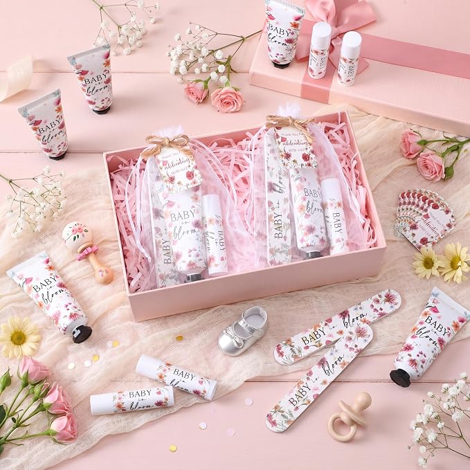 Leelosp 24 Sets Baby in Bloom Wildflower Baby Shower Hand Cream and Lip Balm Gift Bulk Spring Wildflower Travel Size Hand Lotion Lip Balm Nail File Gifts Set Wedding Party Supplies for Guests