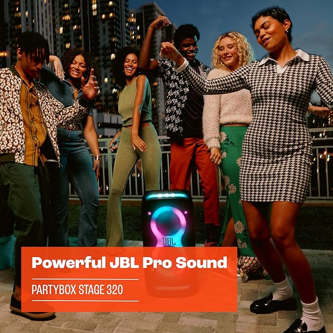 JBL PartyBox Stage 320 - Portable Party Speaker with Telescopic Handle & Wide, Sturdy Wheels, Powerful Pro Sound, Futuristic lightshow, Up to 18 Hours of Play time, Splash Proof (White)