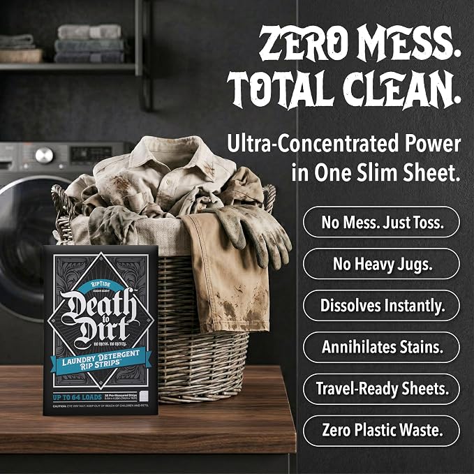 Death to Dirt Laundry Detergent Sheets, 192 Loads, Tough on Stains and Odors, Gentle on Skin and Fabric, Plant-Based & Eco-Friendly, RipTide Ocean Scent, 32ct (3 Pack)
