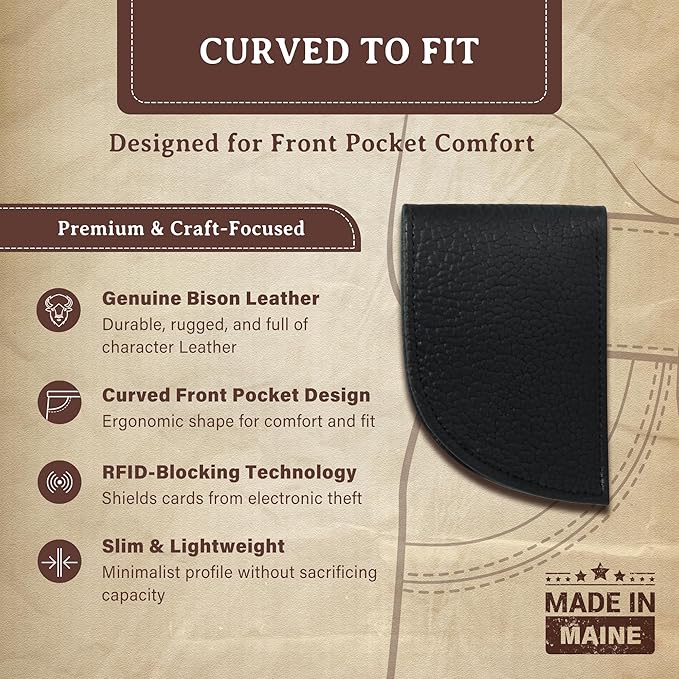 ROGUE WALLET Genuine Bison Leather Wallets for Men - RFID Blocking Curved Front Pocket Design w/ 3 Card Slots, Full Billfold Section & More - Ideal Gifts for Men (Black)