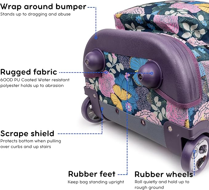 J World Sunrise Kids Rolling Backpack for Girls Boys. Roller Bookbag With Wheels For School, Secret Garden