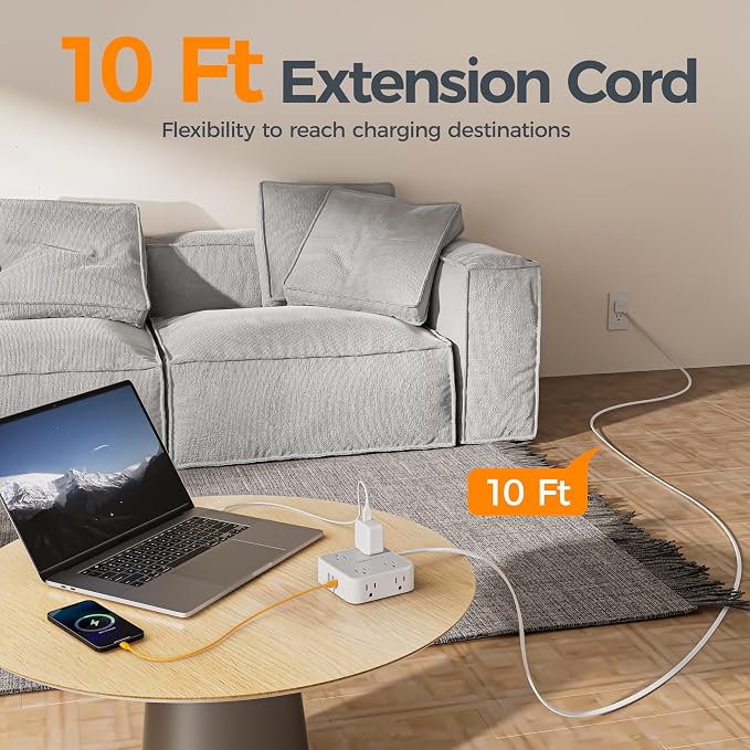 TESSAN 10 Ft Surge Protector Power Strip, 3 USB(1 USB C) 8 Outlets, Flat Plug Extension Cord with Multiple Outlets, 900J Protection, Desk Charging Station for Home, Dorm Room Essentials, Grey