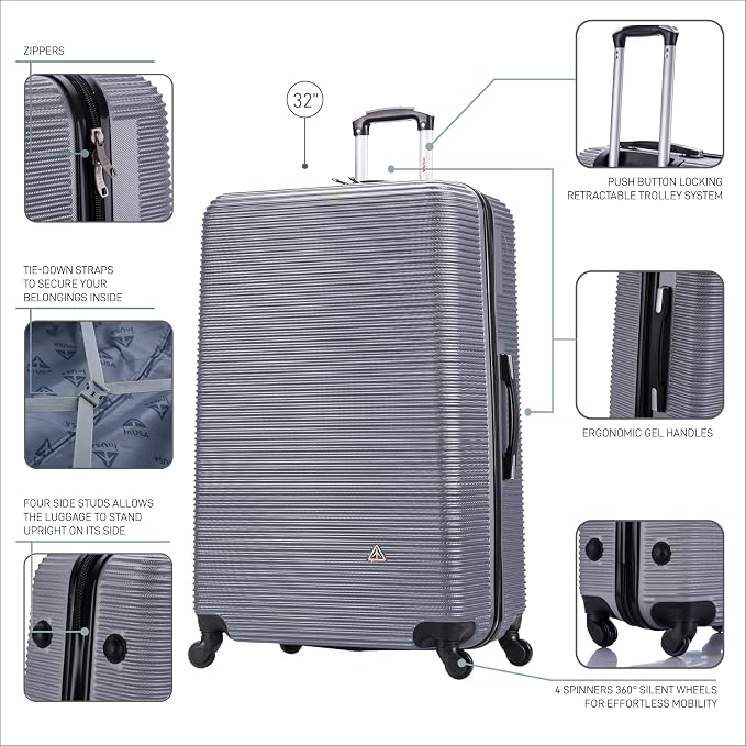 InUSA ROYAL Hardside Spinner Luggage with Ergonomic Handles | Spacious Travel Suitcase with Four Spinner Wheels and Studs | 32 Inch Extra Large Spinner Luggage | Silver