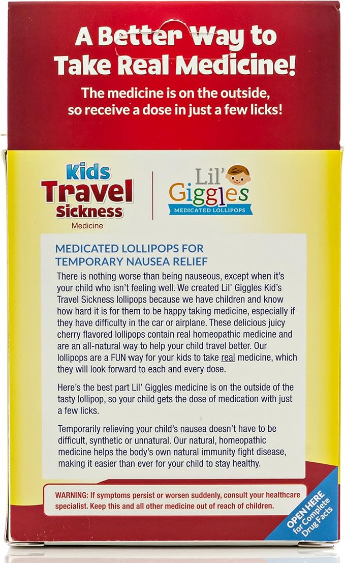 Lil' Giggles Kids Medicated Lollipops - Sweet Gentle Relief for Kids & Non-drowsy - for Car Sickness, Travel Nausea & Motion Sickness Relief - Homeopathic Remedy Children's Love - Cherry Flavor 12 CT