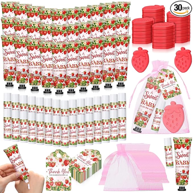 Loopeer 30 Set/150 Pcs Strawberry Baby Shower Favors for Guests Gifts Hand Cream Lip Balm Soap Party Favors Travel Size with Bags, Thanks You Card for Games Prizes Souvenirs