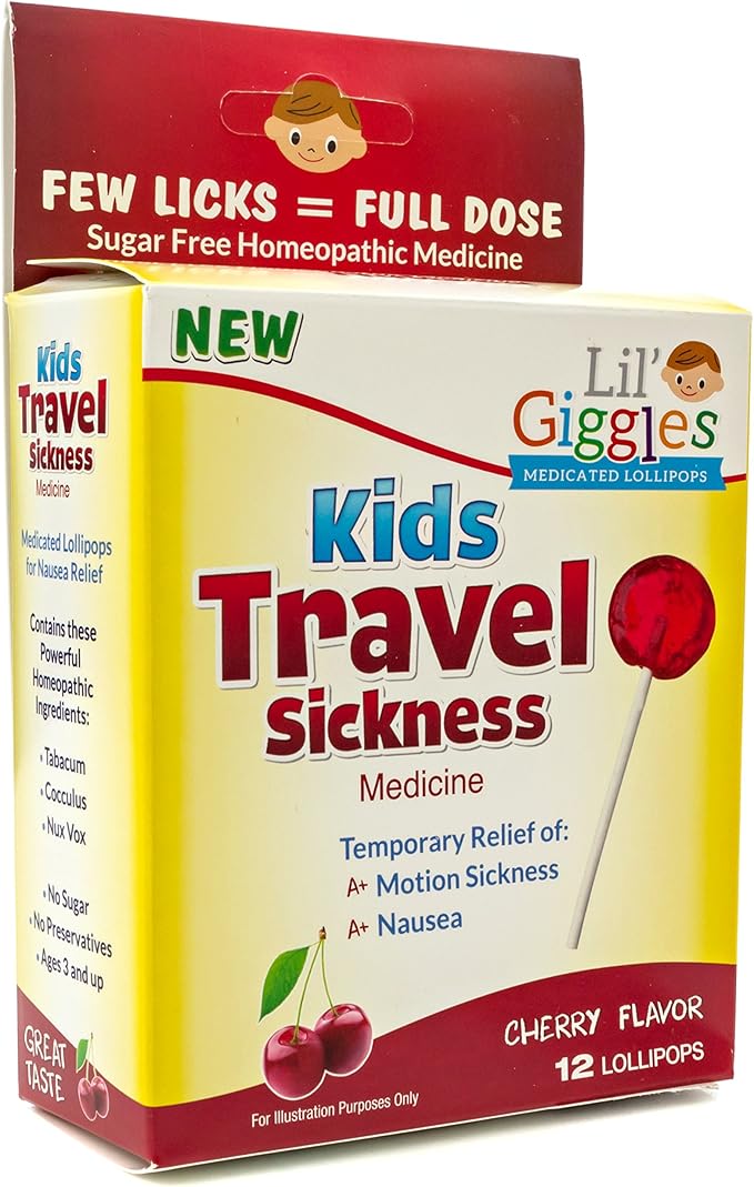 Lil' Giggles Kids Medicated Lollipops - Sweet Gentle Relief for Kids & Non-drowsy - for Car Sickness, Travel Nausea & Motion Sickness Relief - Homeopathic Remedy Children's Love - Cherry Flavor 12 CT
