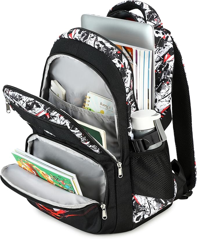 Bluboon Kids Backpack Boys Camo Bookbag Teens Elementary School Bag Daypack Travel Back Pack Middle school (Black White and Red Graffiti)