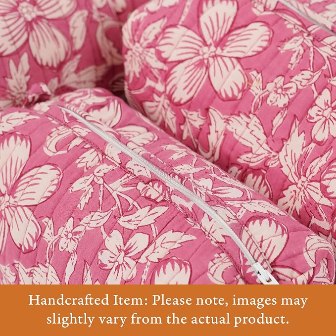Saffron Marigold Quilted Makeup Bag Set of 3, Hand Block Printed Cotton Cosmetic Bags for Women, Waterproof Lined Travel Toiletry Bag, Coquette Floral Aesthetic, Handmade Gift, Mauve Mist Oleander