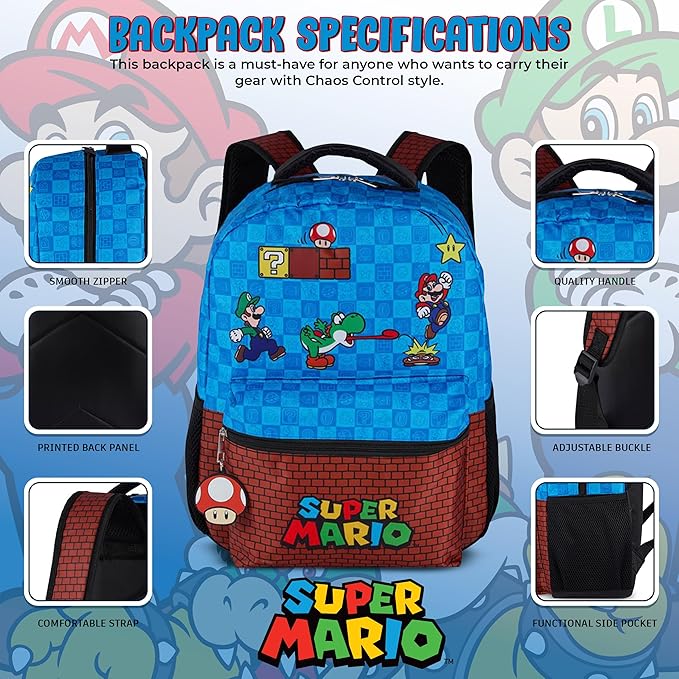 AI ACCESSORY INNOVATIONS Super Mario Brothers Backpack for Boys & Girls, 16 Inch Gaming Bookbag with Molded Toad Dangle, Blue, Featuring Mario, Luigi, Yoshi & Toad