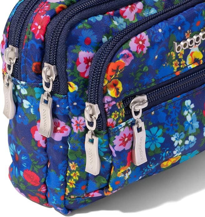 Baggallini Triple Zip Small Crossbody Bag for Women - Lightweight Convertible Fanny Pack Belt Bag