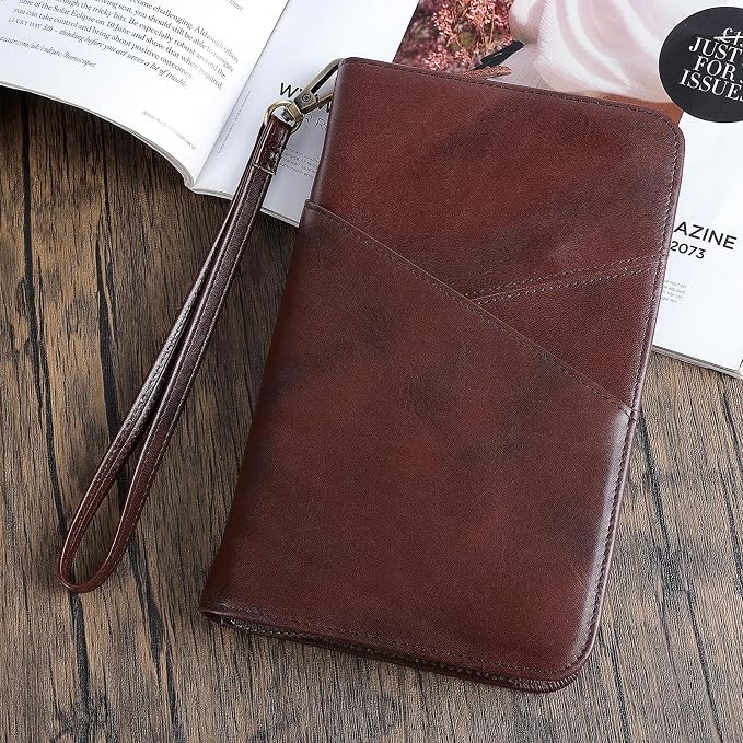 Polare Full Grain Leather Passport Holder With YKK Zipper RFID Blocking Travel Document Organizer Ticket Holder Cover Case Holds 2 Passports (Coffee)