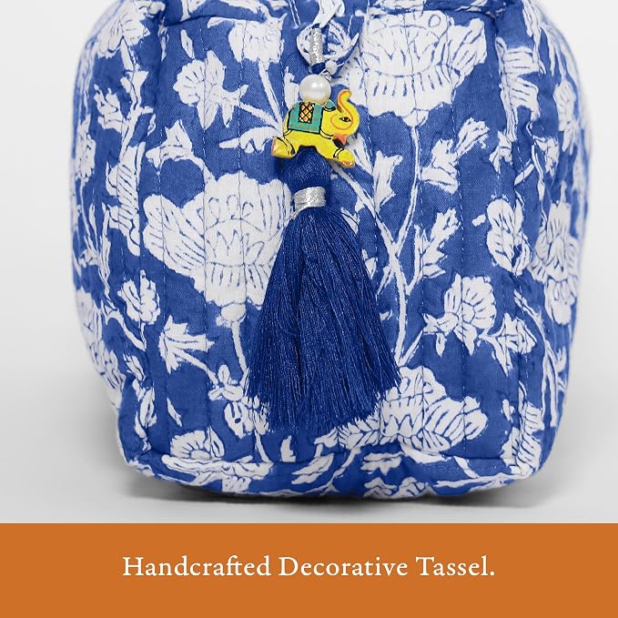 Saffron Marigold Quilted Makeup Bag Set of 3, Hand Block Printed Cotton Cosmetic Bags for Women, Waterproof Lined Travel Toiletry Bag, Coquette Floral Aesthetic, Handmade Gift, Blue Poppy