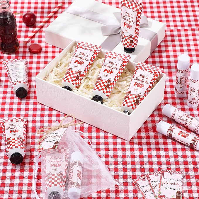 50 Sets 200 Pcs She's Ready to Pop Baby Shower Hand Lotion and Lip Balm Gift Theme Baby Shower Party Favors Travel Size Hand Lotion and Lip Balm Bulk with Organza Bags Tags