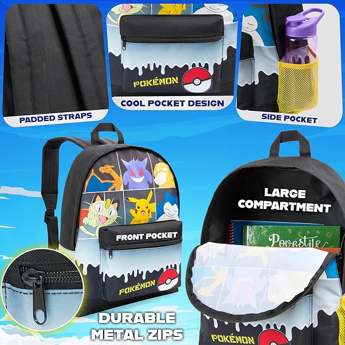 Pokemon Backpack for Kids Teens Boys Girls, Pikachu Anime Backpacks, Bag for Daycare Sports Vacation Travel, School Gift (Black Grid)