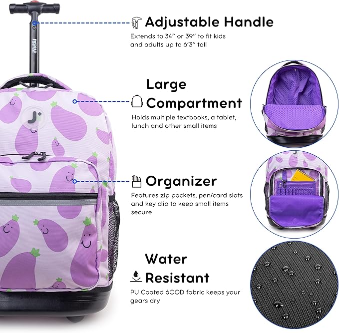 J World Sunrise Kids Rolling Backpack for Girls Boys. Roller Bookbag With Wheels For School, Mr. Eggplant