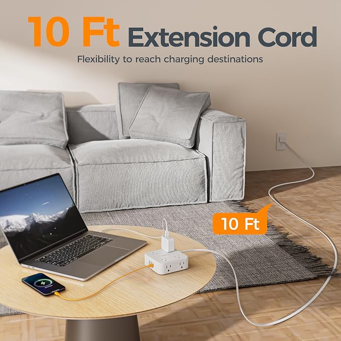 TESSAN Surge Protector Power Strip, 10 Ft Flat Plug Extension Cord with 3 USB (1 USB C) 8 Outlets, 1250W, 900J Protection, 3 Sided Outlet Extender with Power Switch for Office, Dorm Room, White