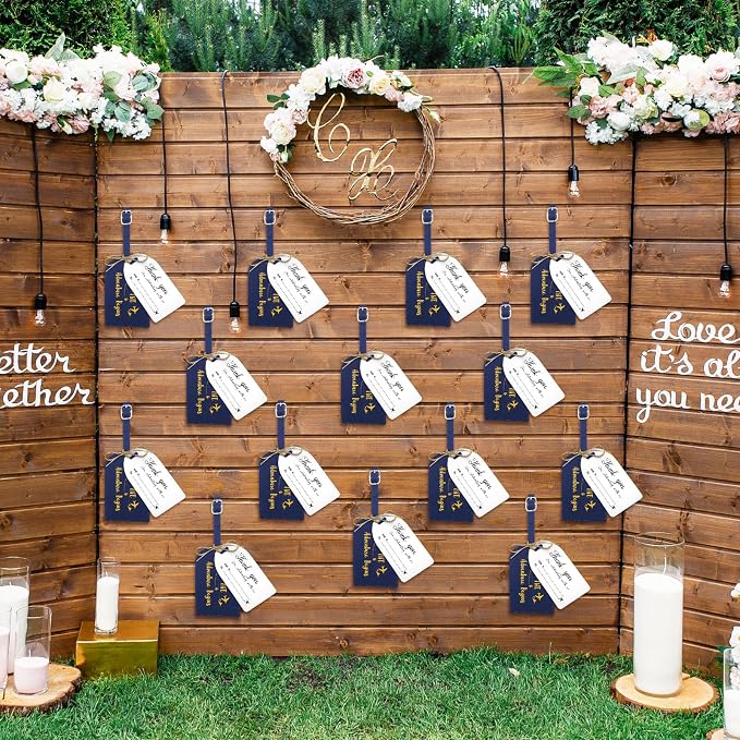 Sweetude 48 Sets Bulk Luggage Tags Wedding Favors and So The Adventure Begins Leather Luggage Tags for Suitcases with Name Card for Travel Themed Bridal Shower Graduation Party Favor(Blue)