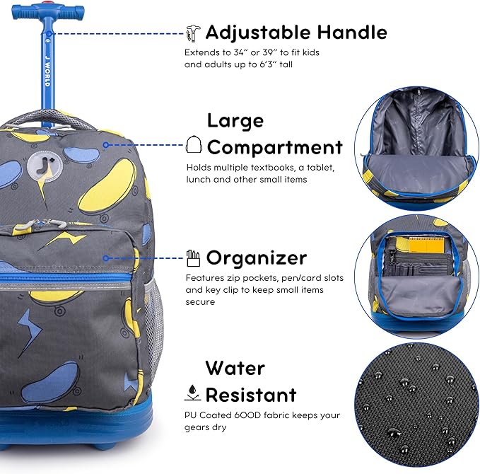 J World Sunrise Kids Rolling Backpack for Boys Girls. Roller Bookbag With Wheels For School, Liteboard