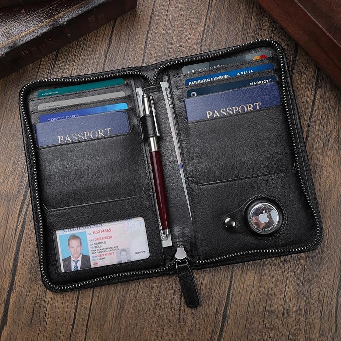 Polare Full Grain Leather Passport Holder Cover Case for Men RFID Blocking Travel Wallet Holds 4 Passports (Black with AirTag Slot)