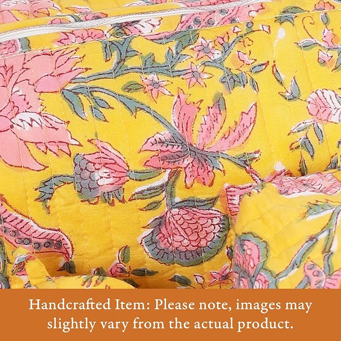 Saffron Marigold Quilted Makeup Bag Set of 3, Hand Block Printed Cotton Cosmetic Bags for Women, Waterproof Lined Travel Toiletry Bag, Coquette Floral Aesthetic, Handmade Gift, Summer Garden