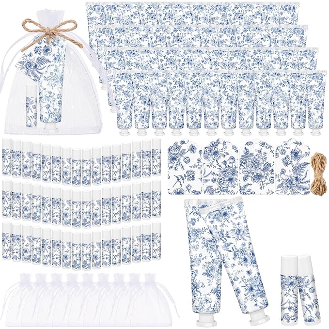 Loopeer 48 Sets Blue Floral Bridal Shower Hand Cream and Lip Balm Gift Bulk Blue Flower Wedding Favors Travel Size Hand Lotion and Lip Balm Wedding Bridal Baby Shower Party Supplies for Guests