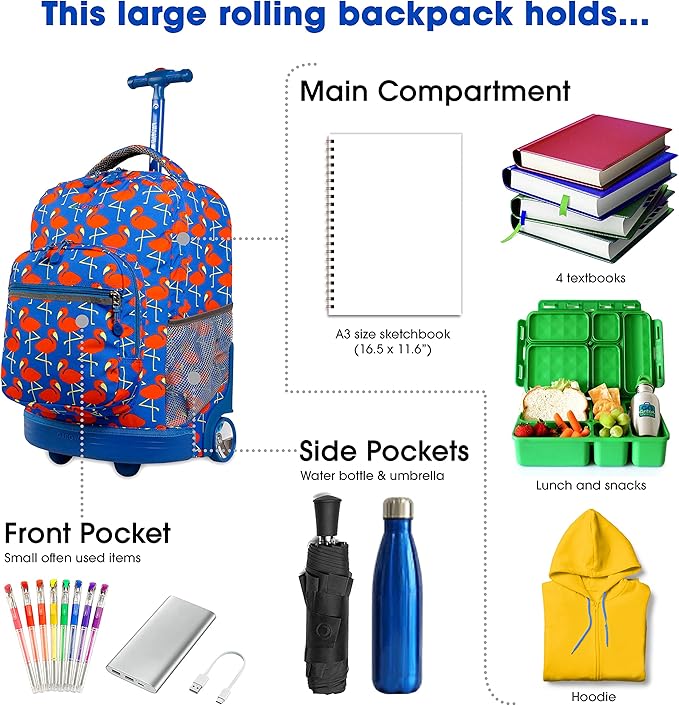 J World Sunrise Kids Rolling Backpack for Girls Boys. Roller Bookbag With Wheels For School, Flamingo