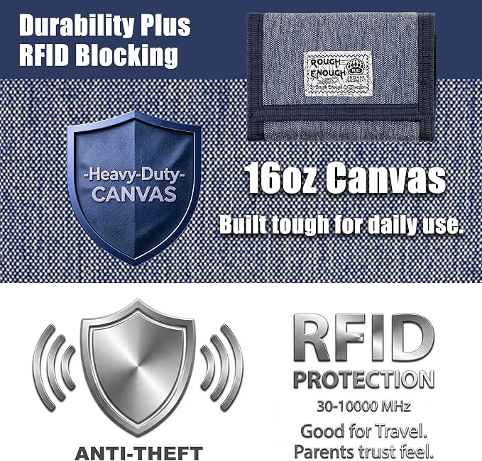 Rough Enough Kids Wallet for Boys with RFID Blocking Denim Canvas Blue | Includes lanyard keychain carabiner. For camping travel and outdoor use. Smooth YKK zippers. Holds cards cash ID. 5x3.4 inch