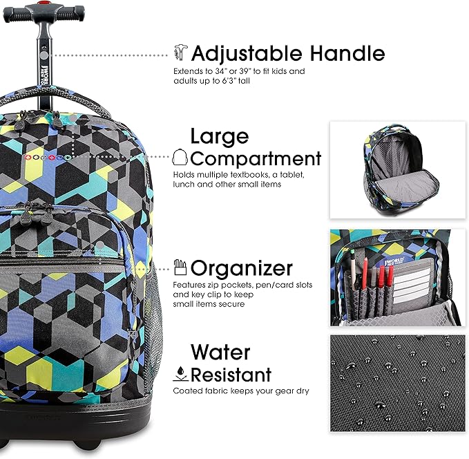 J World Sunrise Kids Rolling Backpack for Girls Boys. Roller Bookbag With Wheels For School, Cubes