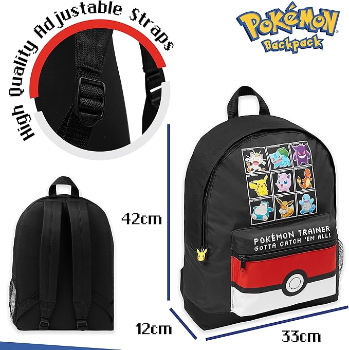 Pokemon Backpack for Kids Teens Boys Girls Pikachu Anime Bookbag Daypack Bag School Sports Gifts for Kids (Black/Red)