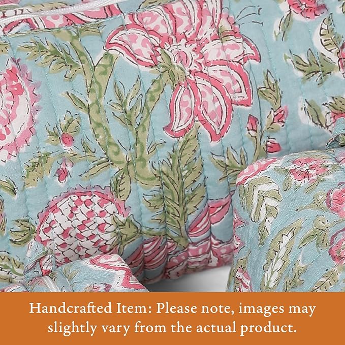 Saffron Marigold Quilted Makeup Bag Set of 3, Hand Block Printed Cotton Cosmetic Bags for Women, Waterproof Lined Travel Toiletry Bag, Coquette Floral Aesthetic, Handmade Gift, Jacobean Dreams