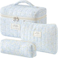 HBselect Quilted Makeup Bag, 3PCS Cotton Large Travel Makeup Bag, Cute Floral Coquette Make up Bag Cosmetic Bag Toiletry Bag for Women Girls