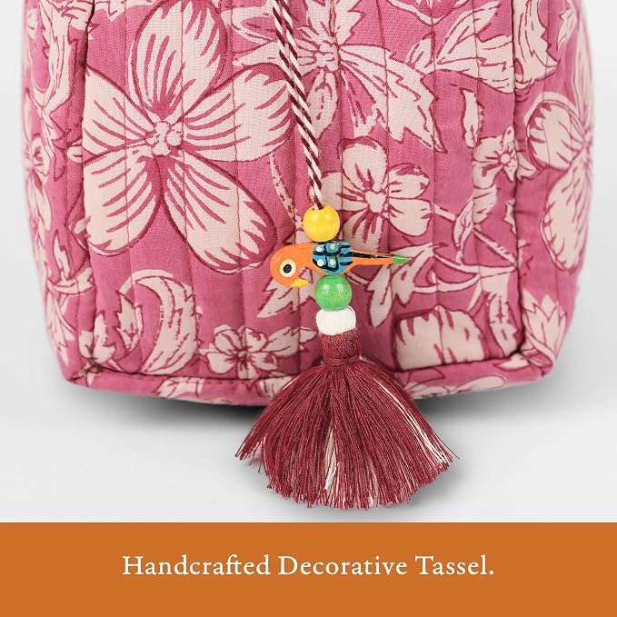Saffron Marigold Quilted Makeup Bag Set of 3, Hand Block Printed Cotton Cosmetic Bags for Women, Waterproof Lined Travel Toiletry Bag, Coquette Floral Aesthetic, Handmade Gift, Mauve Mist Oleander