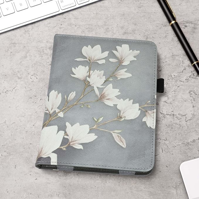 kwmobile Case Compatible with Amazon Kindle Paperwhite (2024)/Colorsoft - Case PU Leather Cover with Magnet Closure, Stand, Strap, Card Slot - Magnolias Taupe/White/Blue Grey