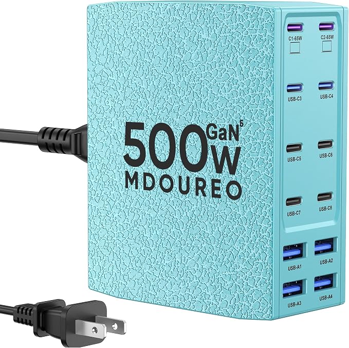 500W USB C Charger Block, 12-Port USB C Charging Station for Multiple Devices, Leather Texture Dual PD 65W Laptop Fast Charger Compatible with MacBook Pro/Air, iPad, iPhone,Galaxy and More,Green