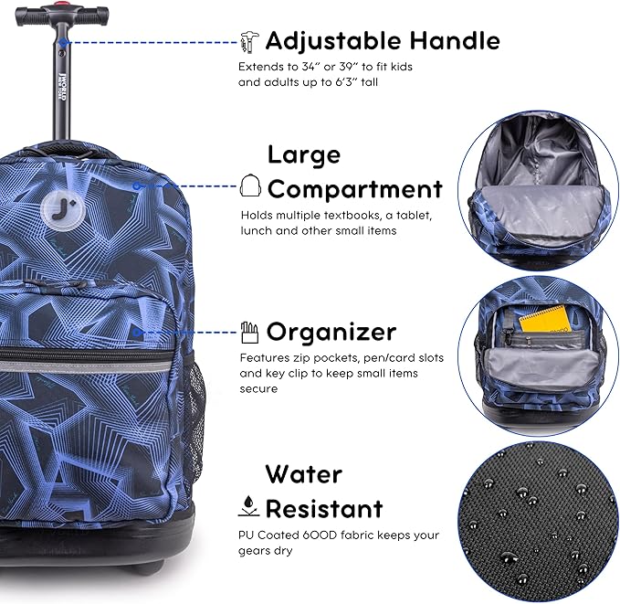 J World Sunrise Kids Rolling Backpack for Girls Boys. Roller Bookbag With Wheels For School, Disco