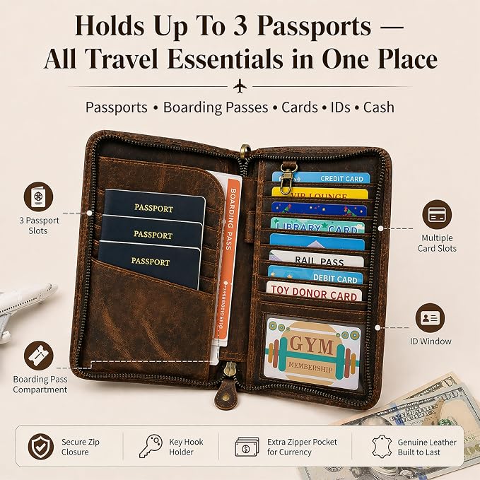 Brown Leather Family Passport Holder - Travel Document Organizer Wallet with Card Slots ID Window Zipper Closure for Multi Passport Storage Travel Use, 5 x 9