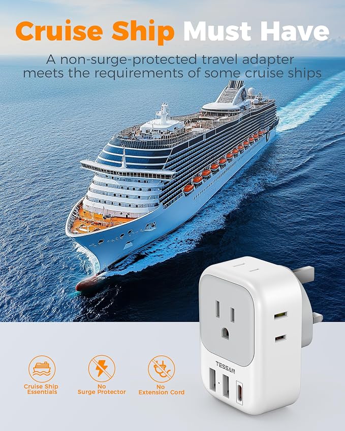 TESSAN UK Adapters for Travel 2 Pack, Type G US to UK Plug Adapter with 4 Outlets 3 USB Charger(1 USB C PD 20W), Power Adaptor for USA to Ireland Scotland Dubai Hong Kong England British Kenya London