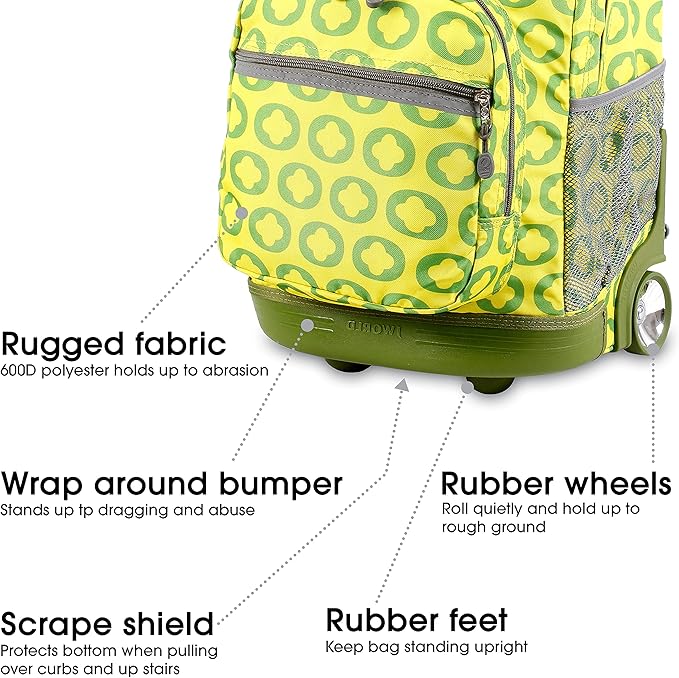 J World Sunrise Kids Rolling Backpack for Girls Boys. Roller Bookbag With Wheels For School, Lime Logo